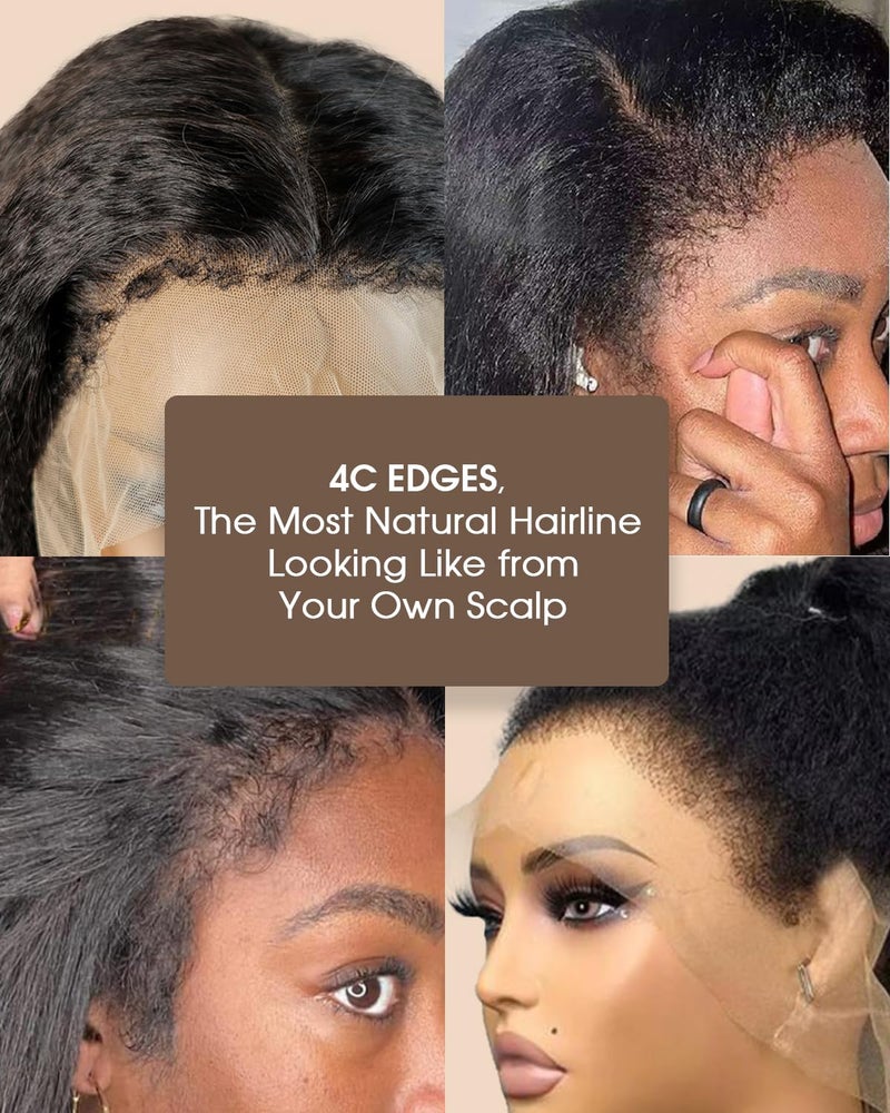 MENTOR 4C Edges Kinky Straight Lace Front Wigs Human Hair Yaki Stairght 13x4 HD Transparent Lace Frontal Kinkystraight Wigs with Curly Edges Hairline Pre-Plucked 180% Density 18 inch - Image 3